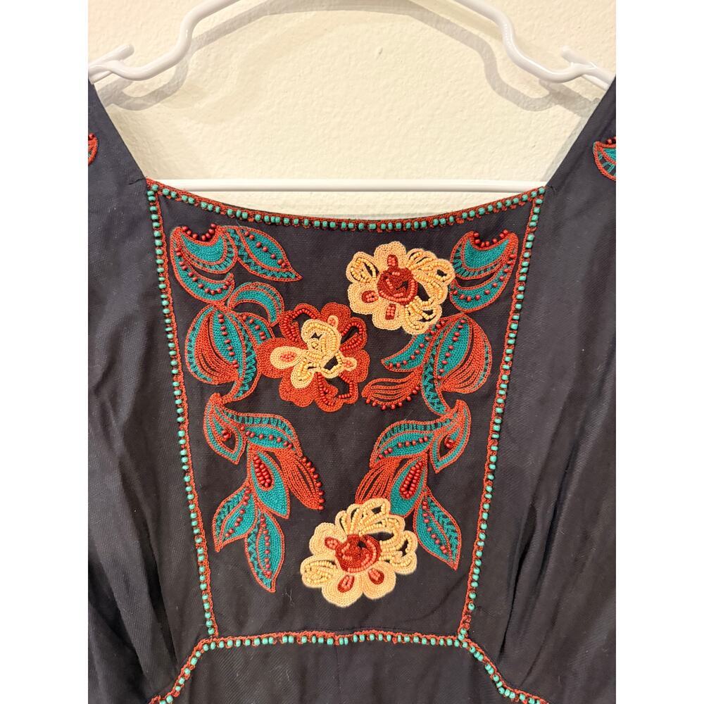 Feather Bone Embroidered Mini Dress Women’s SP Black Floral Boho Dress - Picture 4 of 10